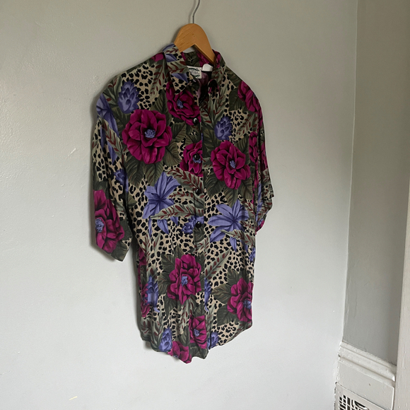 Vintage Separate Issue Floral Leopard Button-Down Shirt – 80s/90s Bold Print - Picture 7 of 10